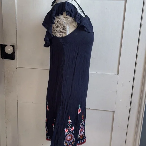 Blue Halter Top Summer Dress Flirty Floral Embroidery Ruffle Off Shoulder XS - Picture 7 of 9